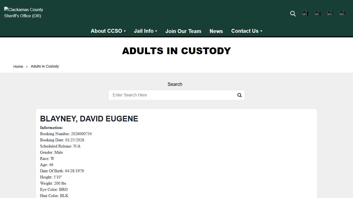 Adults in Custody Clackamas County Sheriff’s Office (OR)