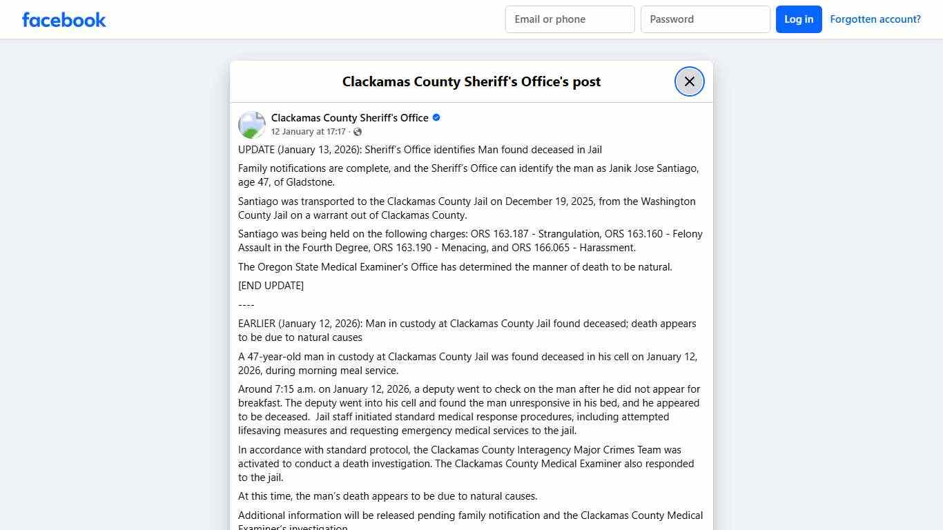UPDATE (January 13,... - Clackamas County Sheriff's Office Facebook