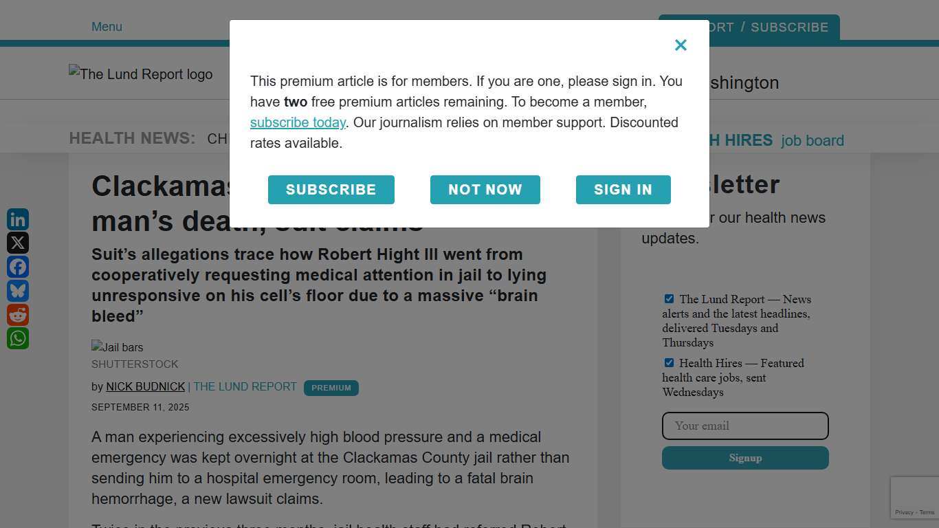 Clackamas jail care failures led to man’s death, suit claims The Lund Report